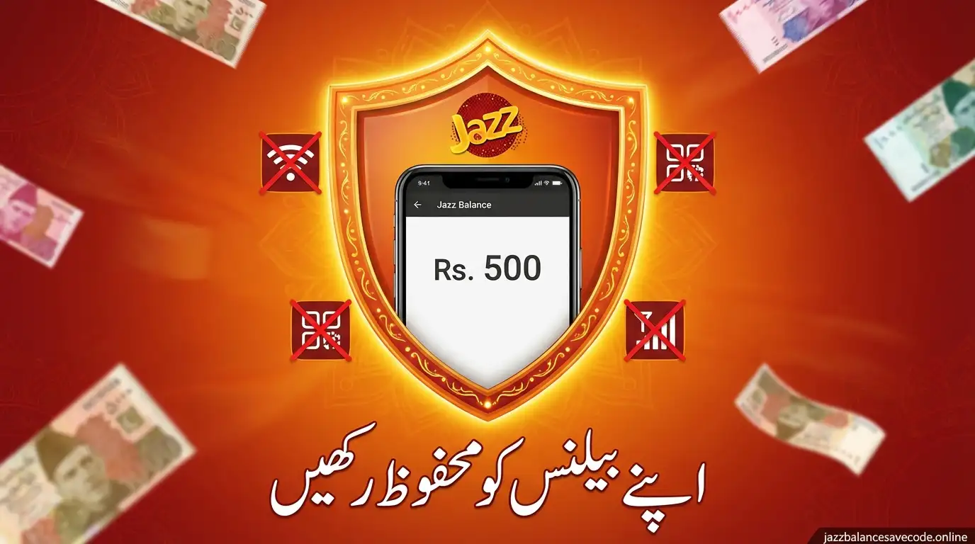 Jazz balance protection concept showing shield protecting rupees from automatic deductions with Urdu text